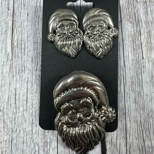 Silver Santa Claus Brooch and Earrings Set